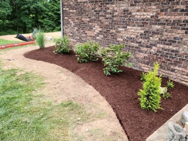 mulched ara next to house with plants blends nicely with brick